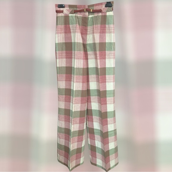 VINTAGE JC PENNY HIGH WAIST WOOL LOOK PINK & GREEN PLAID WIDE LEG PANTS SZ 9 NWT - Picture 1 of 6